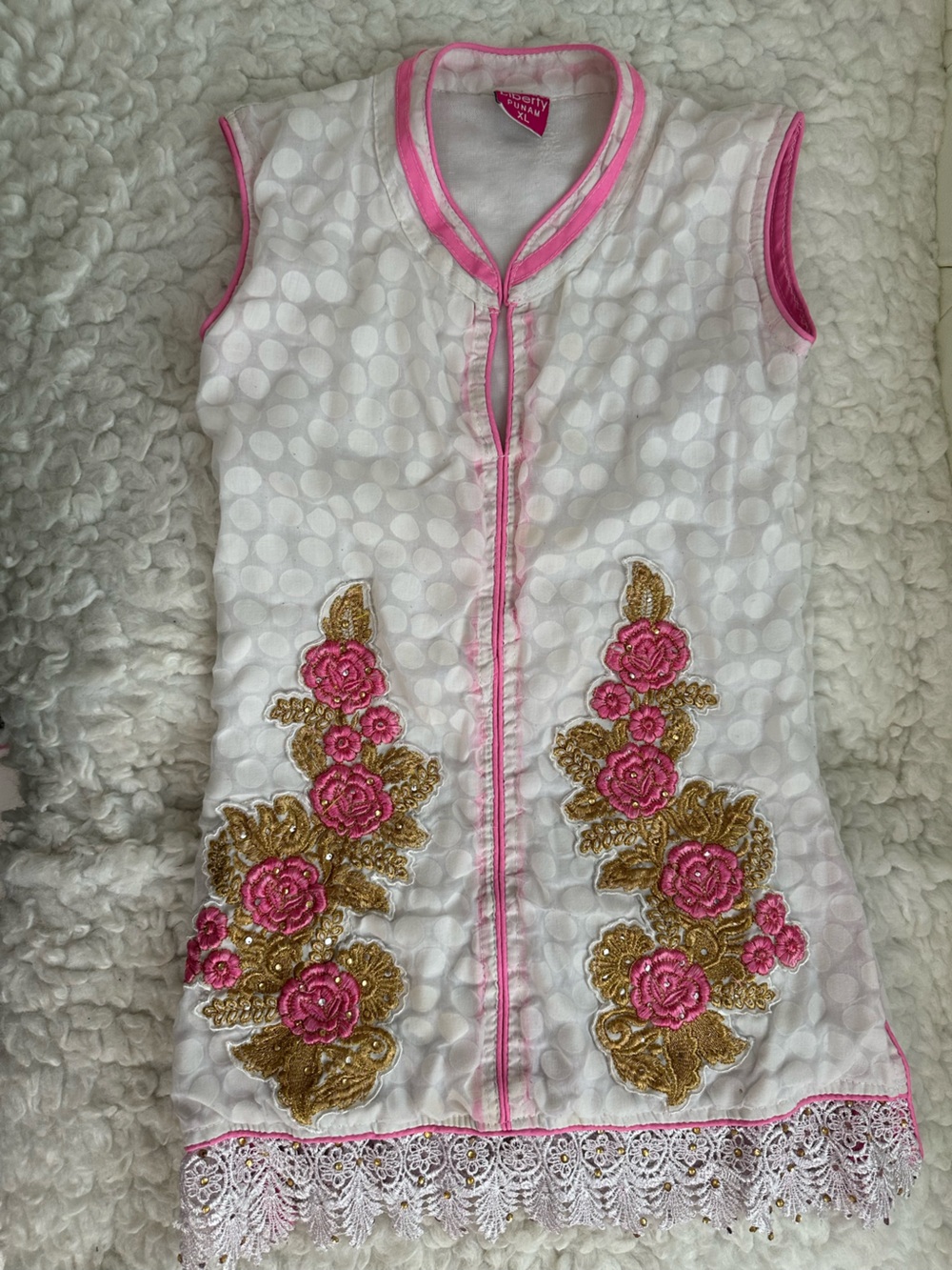 Girls White Dress with Pink & Gold Floral Embroidery